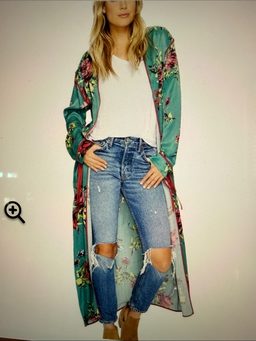 Free People Maxi Green Floral Duster Kimono with Pink Accents Sz. L - Picture 2 of 11